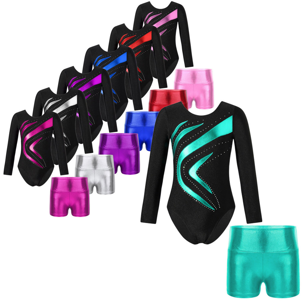 Manakai เด็กสาวเต้นรําชุดแขนยาวรอบคอ Rhinestones เงาตกแต่ง Patchwork Leotard พร้อมกางเกงขาสั้นเอวสูงสําหรับยิมนาสติกการแข่งขันประสิทธิภาพ