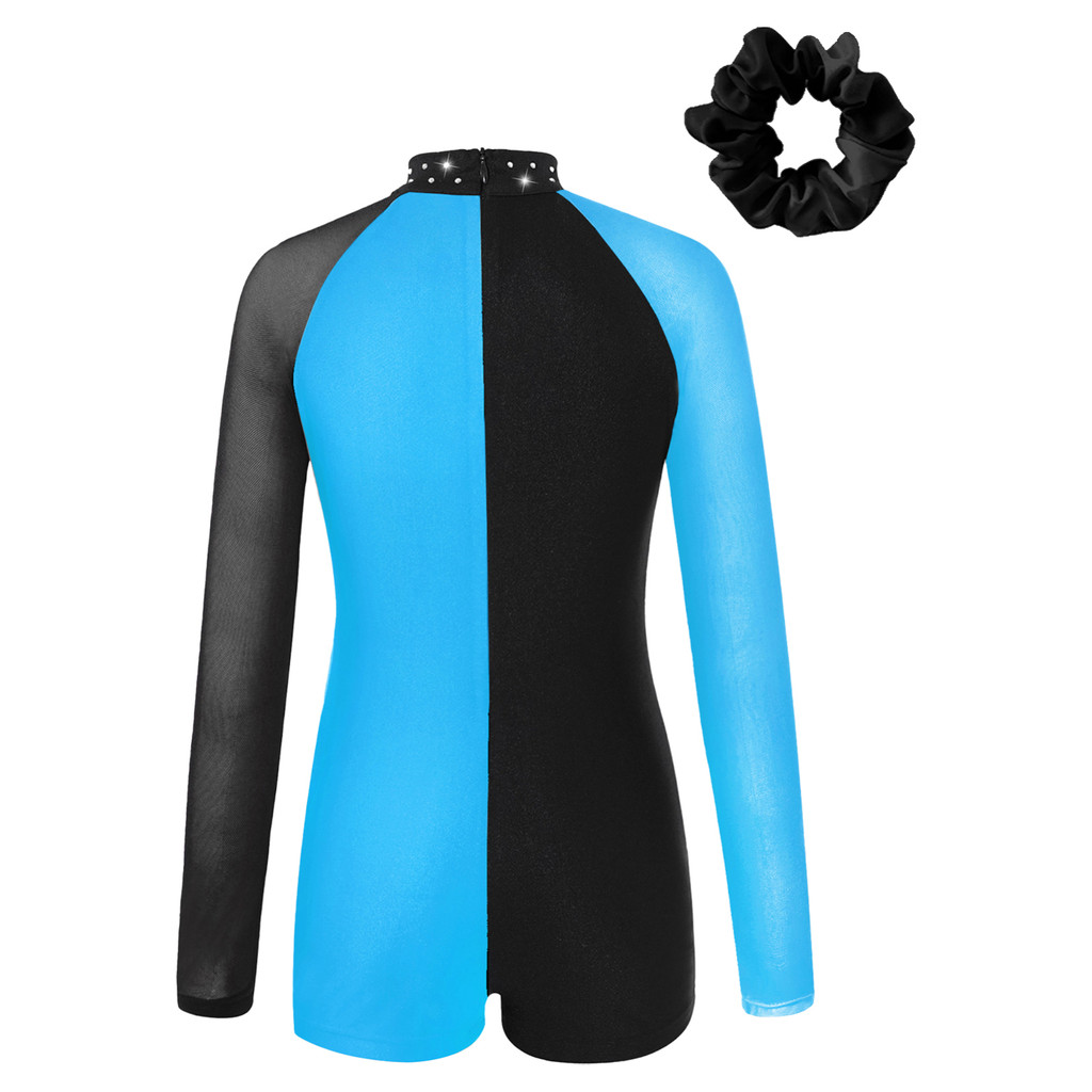 Manakai เด็กสาวเต้นรําชุดแขนยาว Mock คอ Contrast สีซิปกลับ Jumpsuit ผม Tie Headwear สําหรับยิมนาสติกสเก็ตประสิทธิภาพ - รูปที่ 6