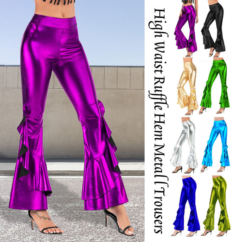 ผู้หญิงโพลีเอสเตอร์เงาเปียกดูกางเกงบานระฆังด้านล่างผอมกางเกง Clubwear