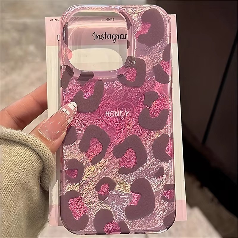 น่ารักสีชมพูเลเซอร์เคสโทรศัพท์สําหรับiphone 13 15 11 14 16 12 Pro Max 16E 7 8 Plus X XS XRเสือดาวพิมพ์สไตล์Love Heartซิลิโคน