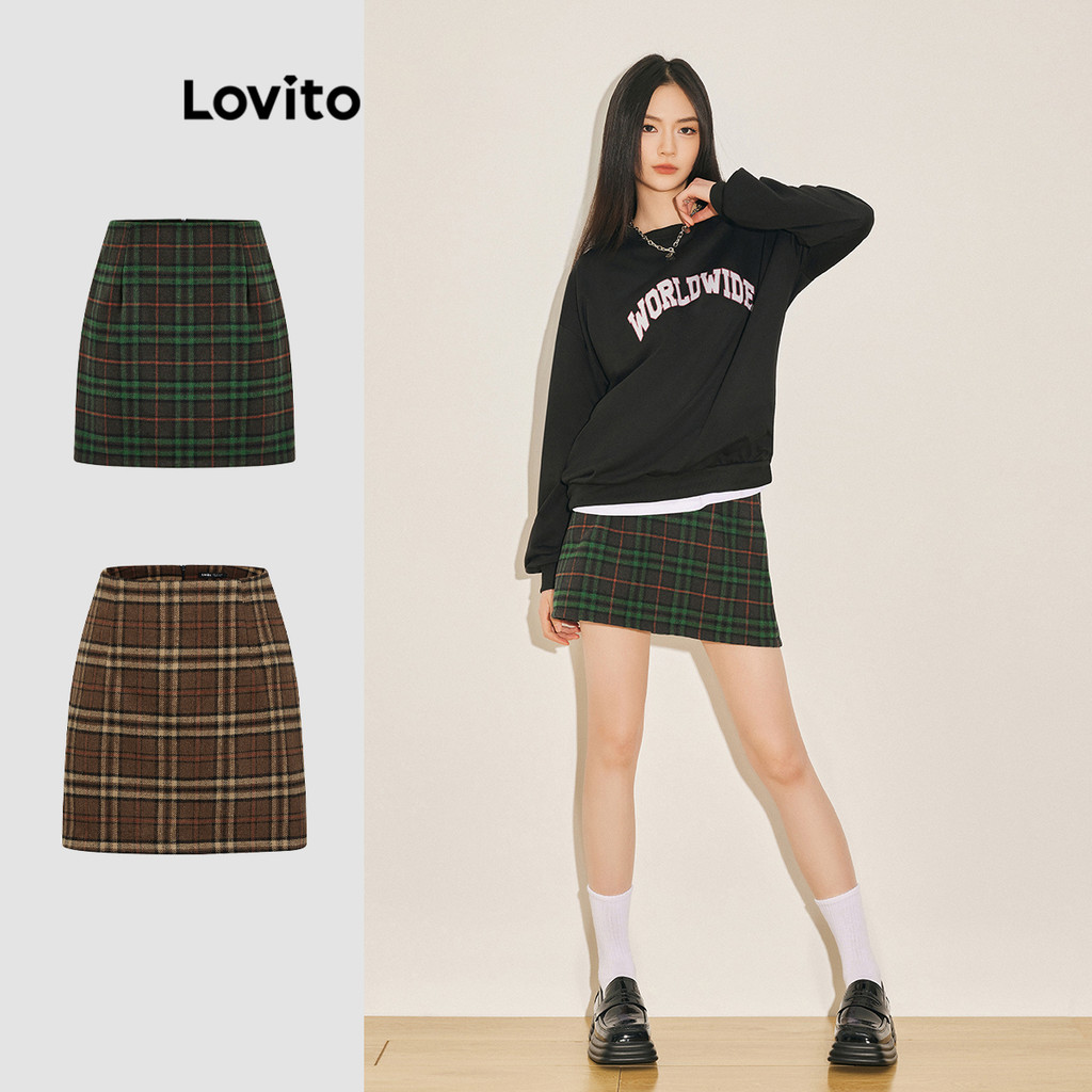 Lovito กระโปรงผู้หญิง ลายตารางกิงแฮม แนววินเทจ เพร็พพี่ สไตล์ลำลอง L61AD136 (สีน้ำตาล)