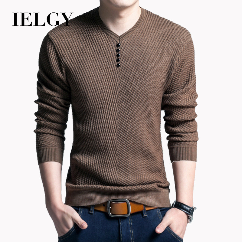 IELGY เยาวชนสีทึบเสื้อกันหนาวคอวีเสื้อกันหนาวเสื้อสวมหัวฐานเสื้อ