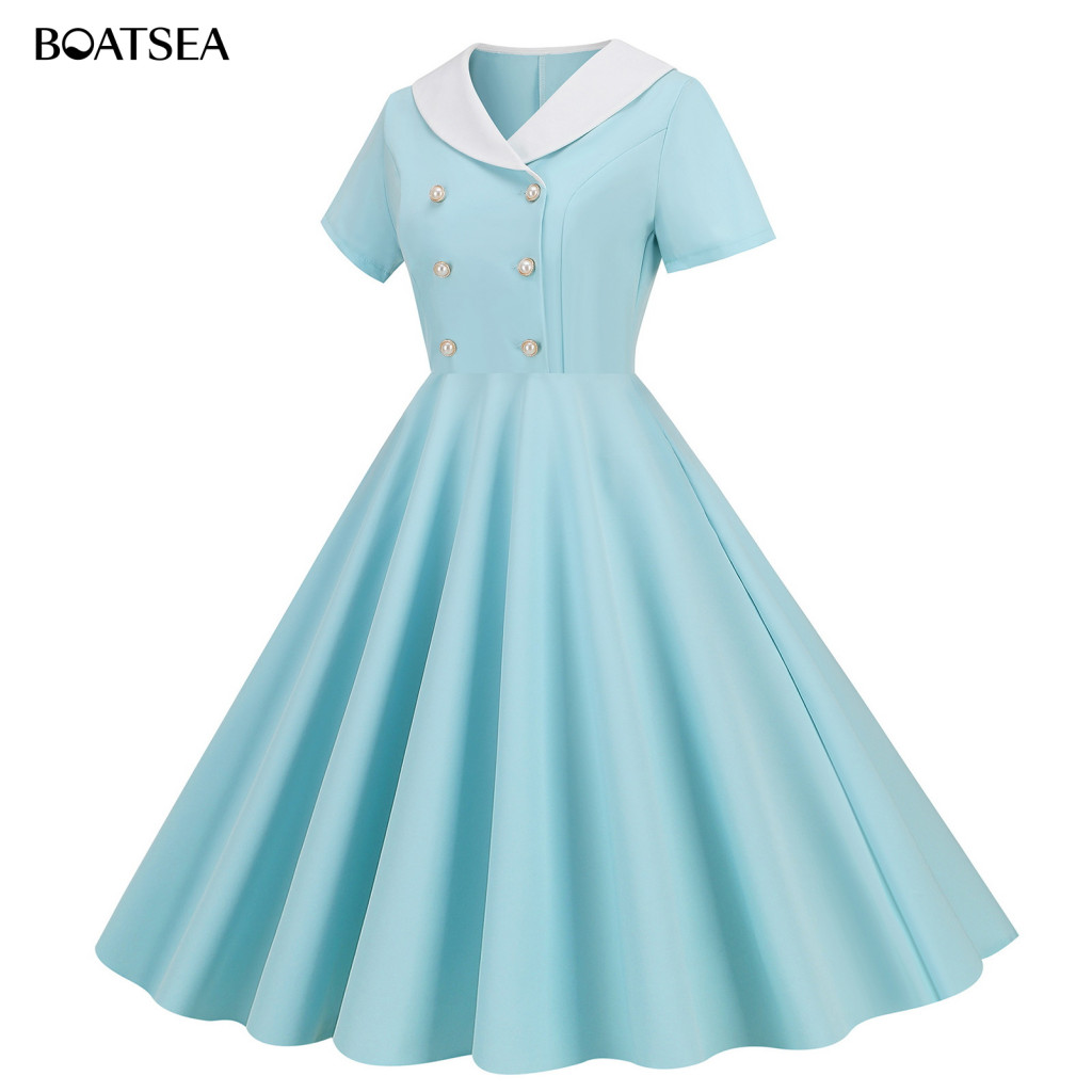 Bsw- V คอชุด A-line ชุด Vintage 50s A-line ชุดราตรี V คอและปุ่มตกแต่งสําหรับผู้หญิงพรหมปาร์ตี้ Midi 