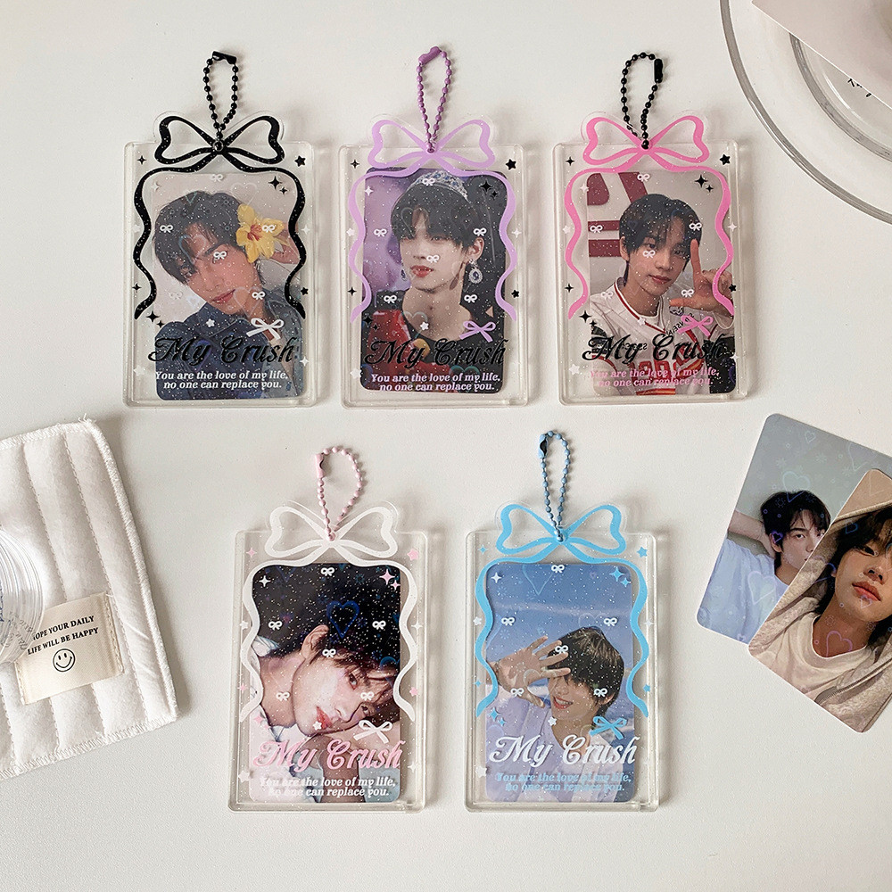 อิน ผู้ถือบัตรโบว์ใส 3 นิ้วการ์ดขนาดเล็กแสดงกระเป๋าพวงกุญแจจัดเก็บเคสป้องกันจี้ไอดอล