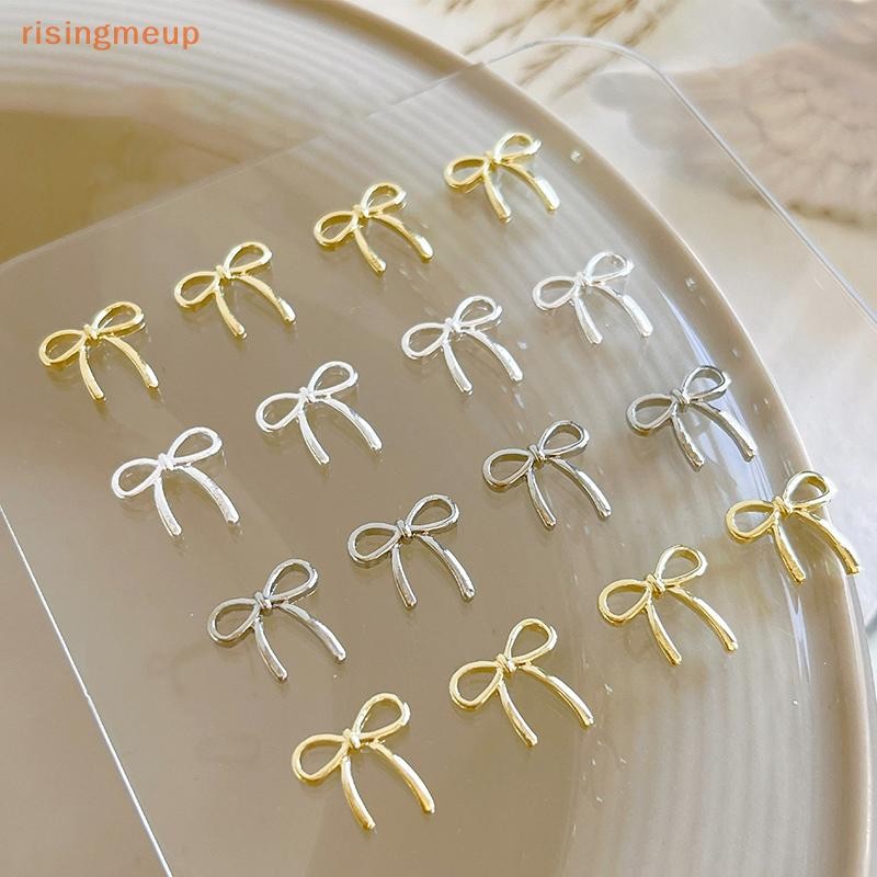 [risingmeup] 10pcs Bow Deco Nail Art Charm 3D Silver/Gold Bowknot Ribbon Nail Decor Parts DIY อุปกรณ์ทําเล็บ – โปรปัง