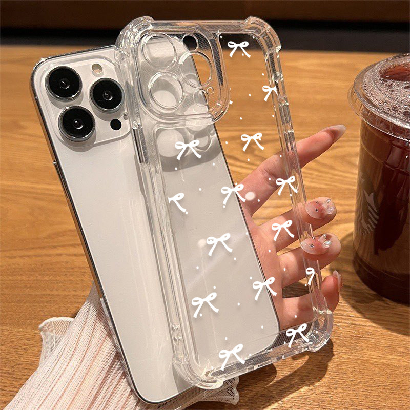 นิ่มกันกระแทกเคสโทรศัพท์ เคสสำหรับ เคส iphone 11 เคสไอโฟน 13 14 15 12 XR 7 8 6 Plus X XS 15 Pro MAXโบว์สีขาว