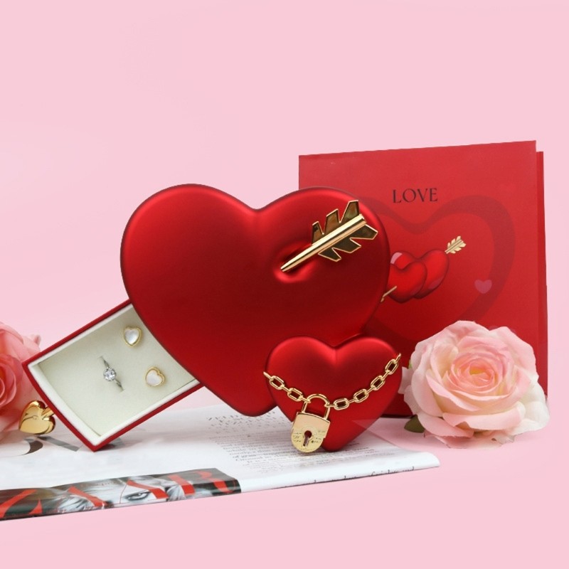 Zzz Love Heart Jewelry Case Soft Lined Box สําหรับจัดเก็บต่างหูและสมบัติอื่นๆ