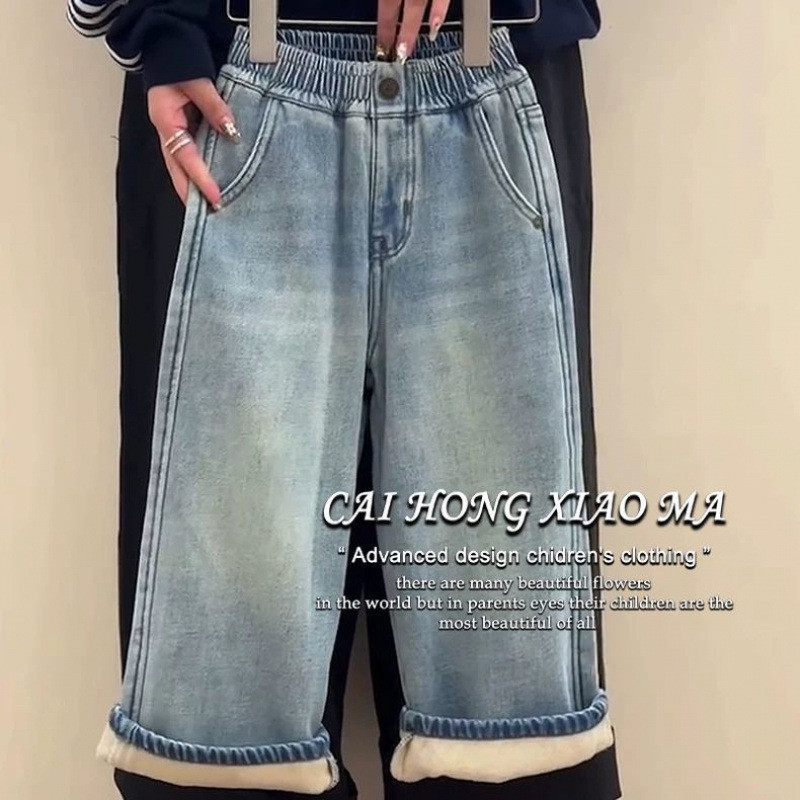 เสื้อผ้าเด็กสาวบวกกางเกงกํามะหยี่ 2024 เด็กใหม่ที่ทันสมัยและมีสไตล์ชิ้นเดียวกํามะหยี่กางเกงยีนส์หลวมตรง - รูปที่ 2