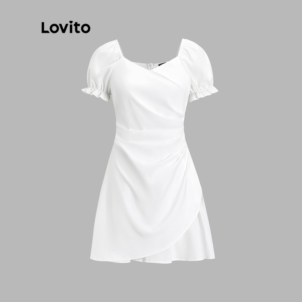 Lovito เดรสมิดิ ทรงบาน แขนพองสั้น สายคล้องคอ สีพื้น สไตล์ลำลอง สำหรับผู้หญิง LNE02206 (สีขาว)