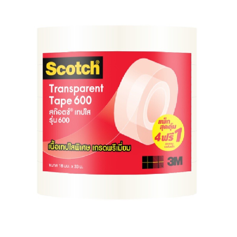 SCOTCH เทปใส 3/4"x36หลา แกน 3 นิ้ว รุ่น 600 (แพ็ค 4 แถม 1 ม้วน)