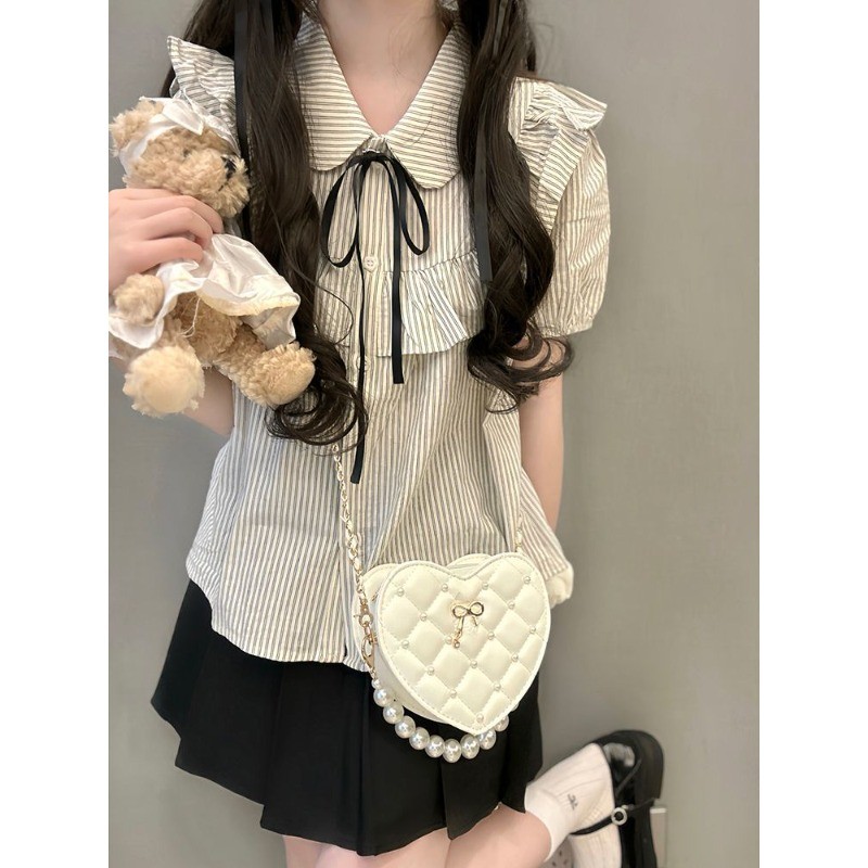 🎀Mona🎀เวอร์ชั่นเกาหลี แถบ โบว์ แขนสั้น เสื้อเชิ้ต แฟชั่น