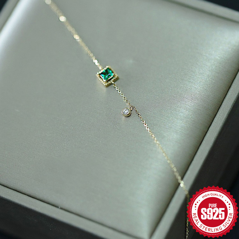 Venorix สร้อยข้อมือเงินแท้ [real Sterling Silver S925] สร้อยข้อมือเพชรสี่เหลี่ยมชุบทอง14K มรกต