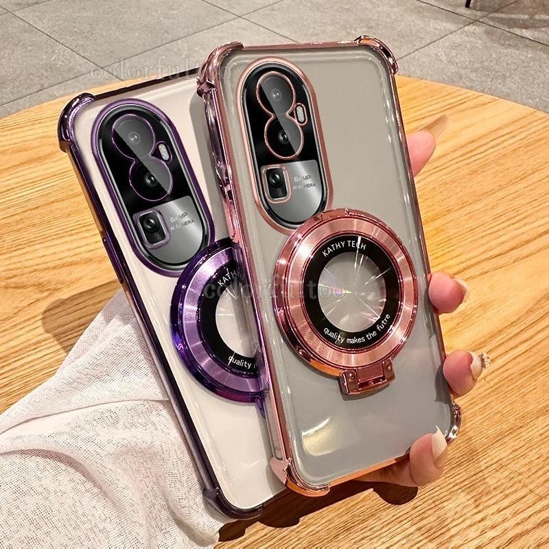แหวนแม่เหล็กยึดชุบเคสโทรศัพท์ใสสําหรับOppo Reno 15 10 Pro Plus + 15 FS Reno15ProMax Mini 5Gโปร่งใสถุงลมนิรภัยGlitterชุบปลอกกล้องปกป้องกันกระแทก