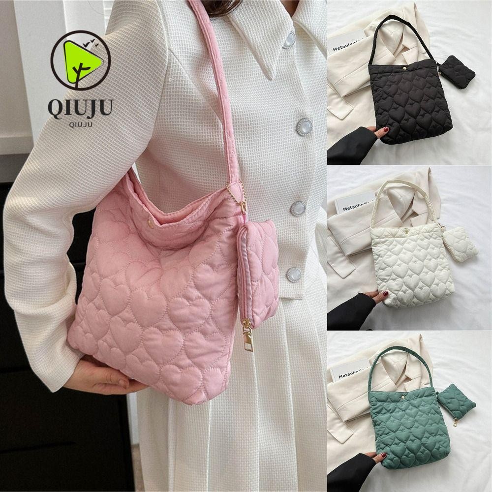 Qiju Tote Bags, Down Cotton Cushion Quilted Shoulder Bags, Fashion Solid Color Large Capacity Handbag Women Girls