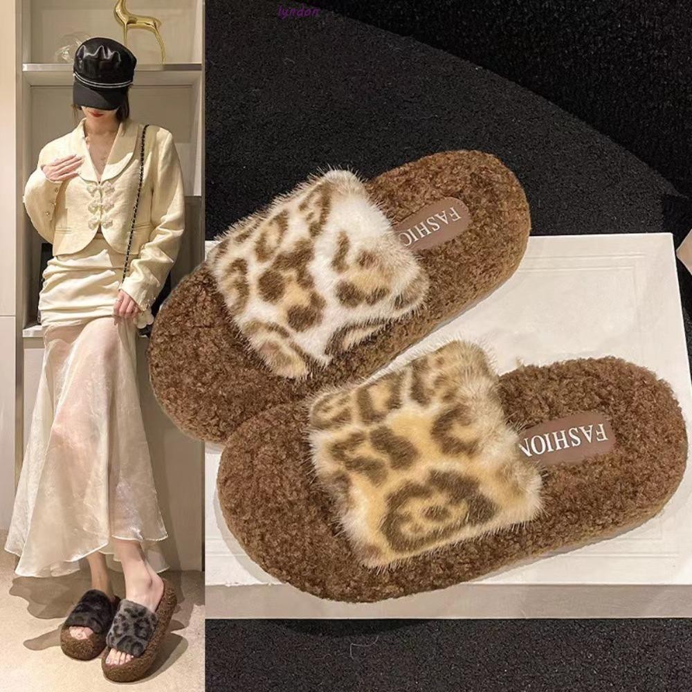 Lyndon รองเท้าแตะเสือดาว, Anti Slip Open-toe Flat Plush รองเท้าแตะ, Chic สไลด์รองเท้าสีทึบรองเท้าแตะผู้หญิงฤดูใบไม้ร่วงฤดูหนาว