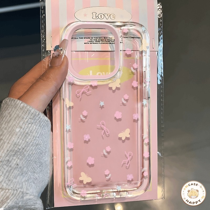 เคสไอโฟน 11 13 สำหรับ IPhone 15 14 12 Pro Max 7Plus 15 7 8 14 Plus XR X XS Max SE 2020 สีแฟชั่นผีเสื้อฝันน่ารัก โบกบอนต์