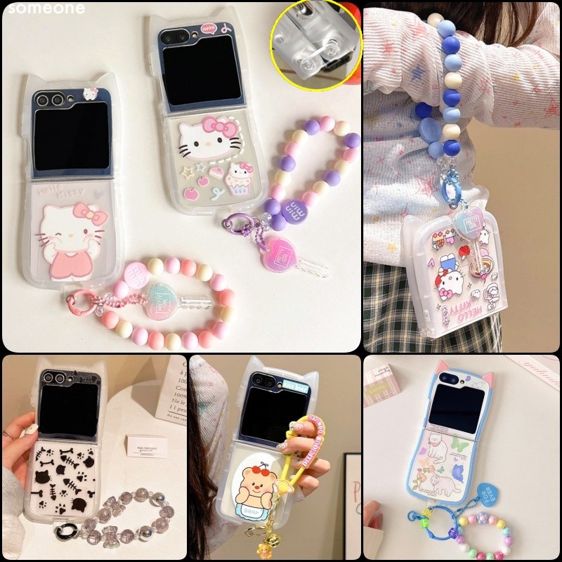 รูปแบบหูแมวน่ารักเคสนุ่ม Samsung Galaxy Z Flip 6 Z Flip 5 Z Flip 4 Z Flip 3 Casing พร้อมสร้อยข้อมือลูกปัดสีสันสดใสสายรัดข้อมือ Z Flip6 Flip5