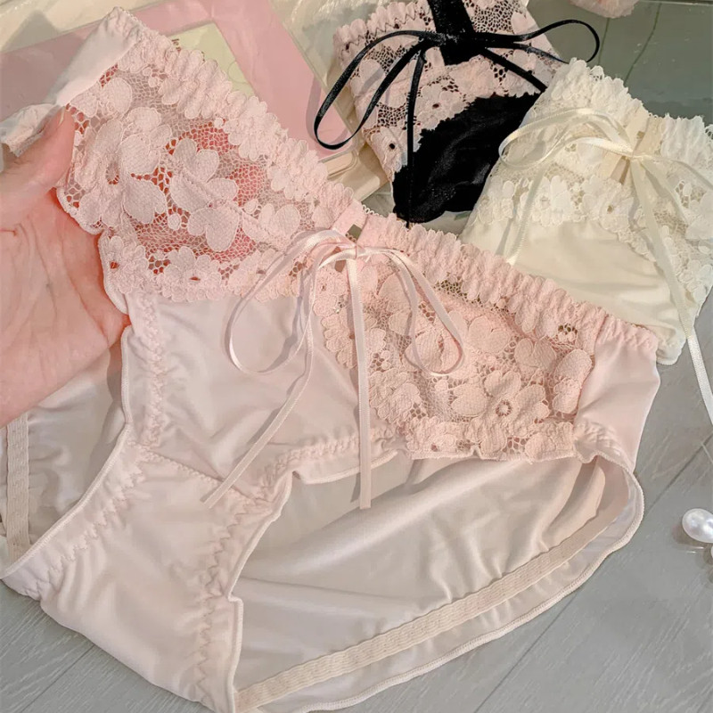 Lucky Rose ~ Sweet Girl Hollow Lace เซ็กซี่กางเกงสุภาพสตรี 2025 แฟชั่นผู้หญิงลูกไม้ Bow Laced-Up สไตล์ใหม่แบนกางเกง