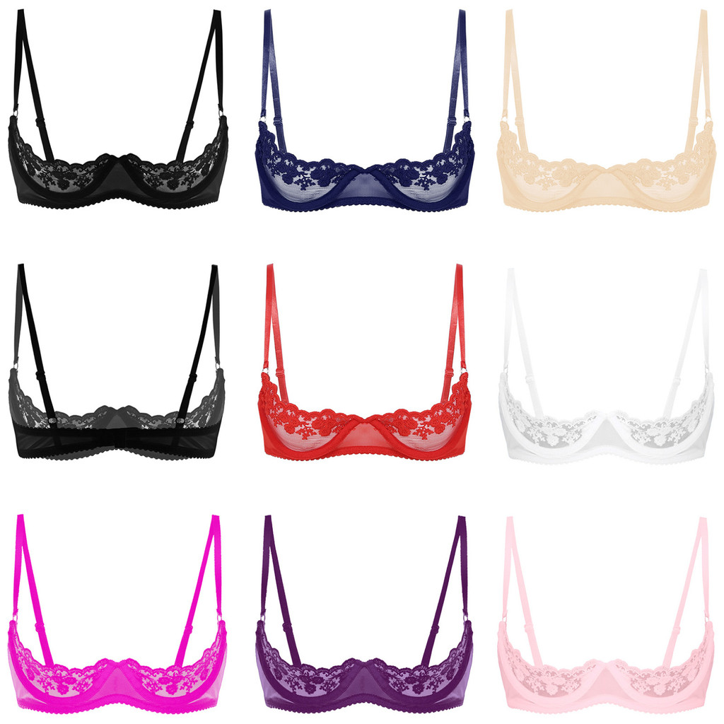 ผู้หญิง Sheer ดอกไม้ลูกไม้ Underwired Bra Push Up ชุดชั้นในปรับสายรัด Unlined Brassiere ชุดชั้นใน