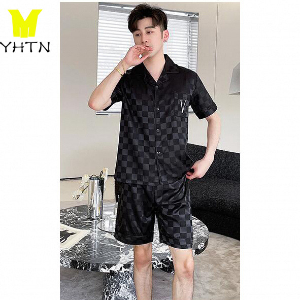 YHTN ชุดนอนผู้ชาย บางๆ ไซส์ใหญ่ นสีดำ ชุดนอนผ้าซาติน กางเกงนอนผู้ชาย ราคาถูก กางเกงใส่นอน ลาย ผ้าซาต