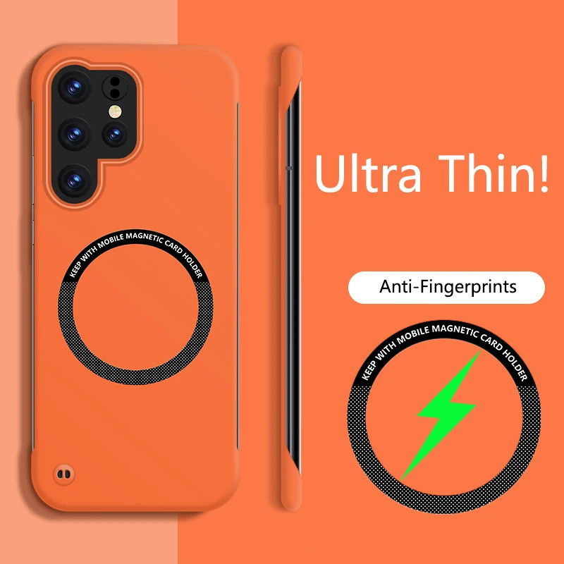 Luxury Matte Magnetic Hard PC frameless Case สำหรับ Samsung S25 ultra S25 PLUS S24 S23 S22 ultra PLUS s24fe S23 S21 S20 FE Slim Wireless Charger สีทึบปกหลัง