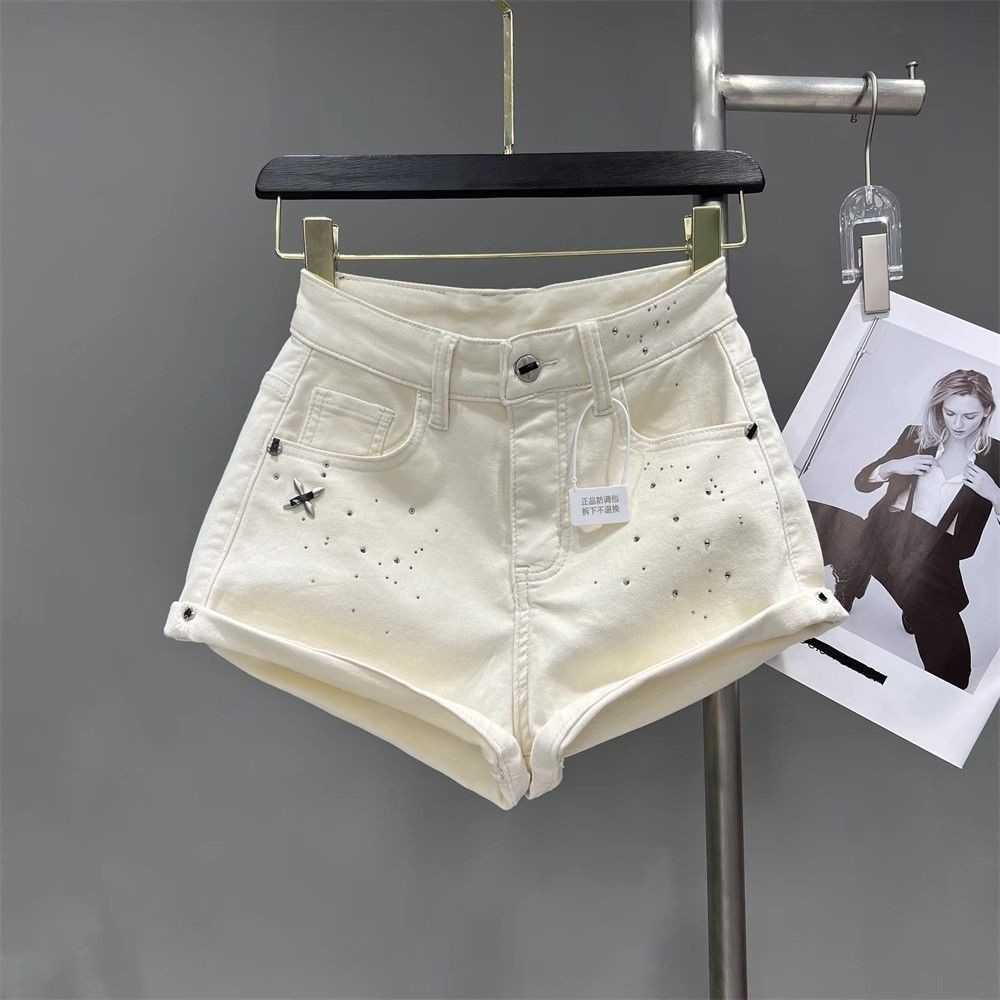 Off-White Design Hot Diamond Denim Shorts Womens Hip-Lifting Long Curling Edge Wide-Leg Hot Pants Summer