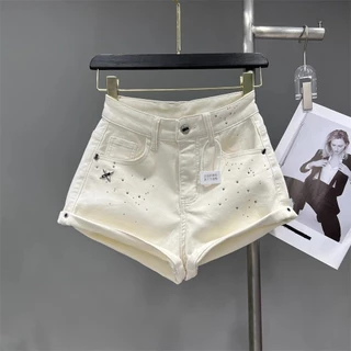 Off-White Design Hot Diamond Denim Shorts Womens Hip-Lifting Long Curling Edge Wide-Leg Hot Pants Summer