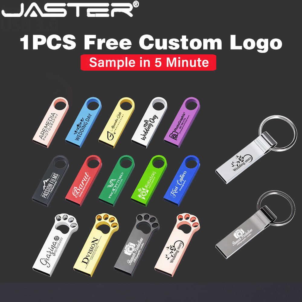 JASTER 1PCS ฟรีโลโก้ที่กําหนดเอง USB แฟลชไดรฟ์การพิมพ์สี Memory Stick 64GB ของขวัญสร้างสรรค์ USB Stick 32GB ฟรี Key Chain อุปกรณ์จัดเก็บข้อมูล 16GB โลหะ Pendrive ภายนอก