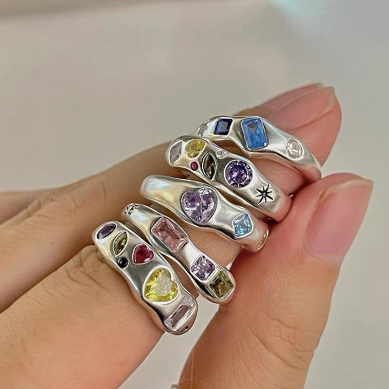 แฟชั่นเกาหลีโลหะผิดปกติสีเพทายรักเปิดแหวนนักเรียนหญิงเครื่องประดับของขวัญ