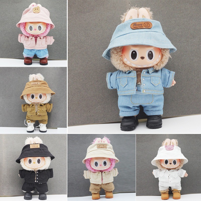 17cm Labubu Doll Clothes Cowboy Workwear Jacket & Macaron Set - ชุดอินเทรนด์สําหรับตุ๊กตาไวนิล Labub