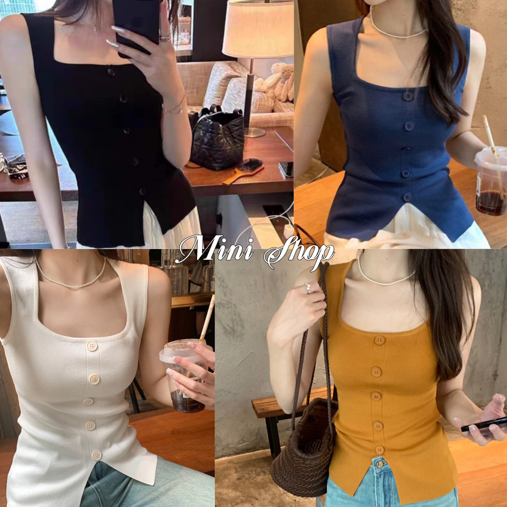 Mini shop🌸พร้อมส่ง🌸(Z31)เสื้อกล้ามไหมพรม น่ารักคิคุ แต่งกระดุม สีพื้นยืดตามตัว ใส่ง่าย รุ่น เสื้อแฟชั่น