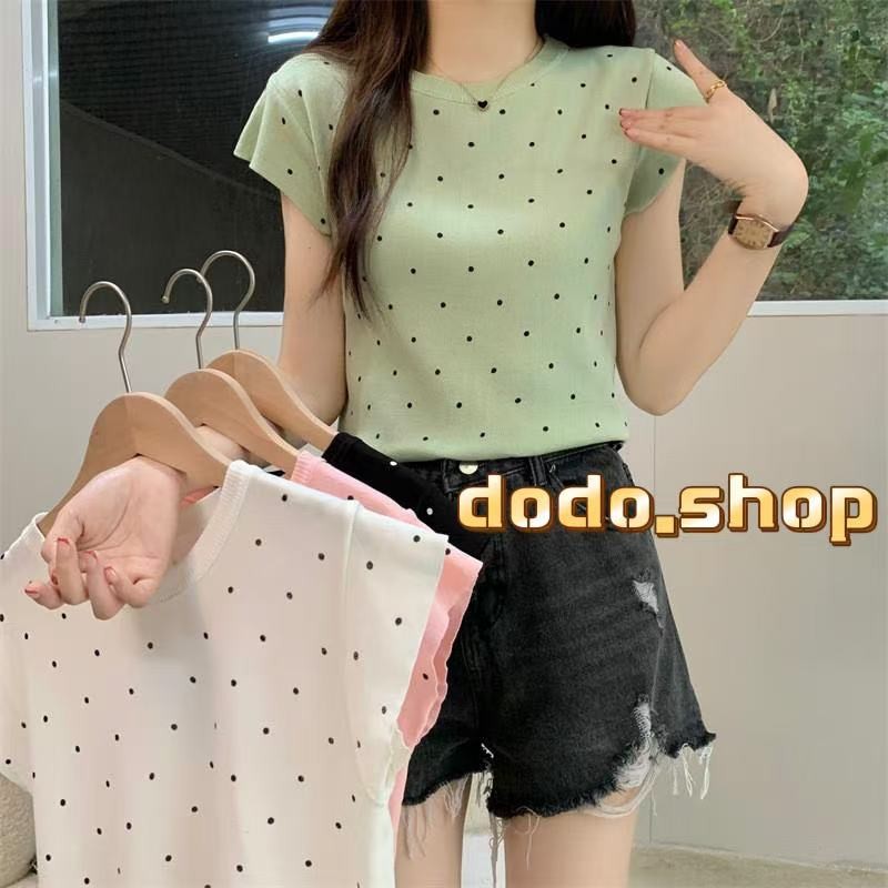 DODO⭐พร้อมส่ง⭐เสื้อไหมพรมแขนสั้น สไตล์เกาหลี สีพาสเทลสวยๆดีเทลลายจุด(10123)