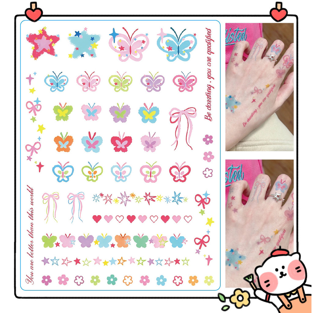 สติ๊กเกอร์รอยสักผีเสื้อสีสันสดใสกันน้ํายาวนานหญิงน่ารักหวานเย็นหญิงข้อมือนิ้วสติกเกอร์กระดูกไหปลาร้ารูปแบบขนาดเล็ก อิน