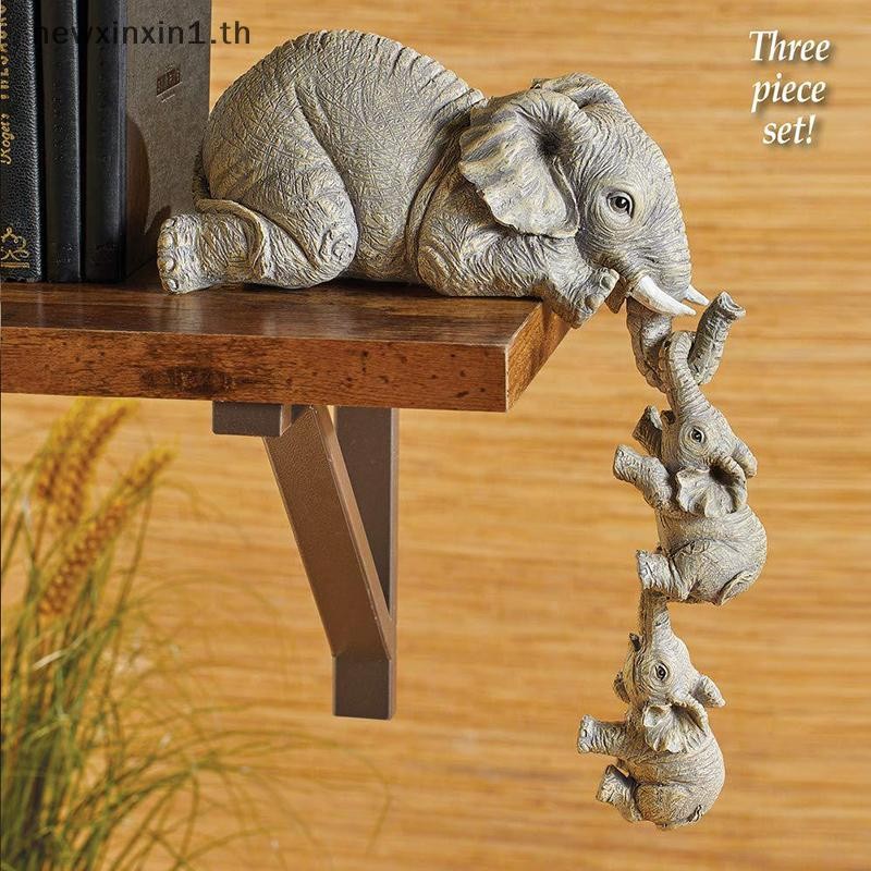*NT* งานฝีมือตกแต่งเรซิน ช้างเหมือนจริง 3 ชิ้น แม่ 2-Babies Figur {T}