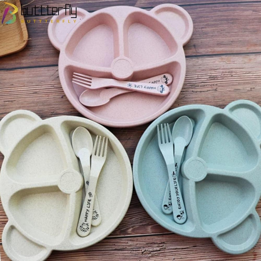 BUTTTERFLY 3 ชิ้น/เซ็ตเด็กชุดอาหาร,พร้อมช้อนส้อมฟางข้าวสาลีบนโต๊ะอาหารชุด,น่ารักหมีรูปร่าง PP แบ่งแผ่นกล่องอาหารกลางวันเด็กเด็กวัยหัดเดิน