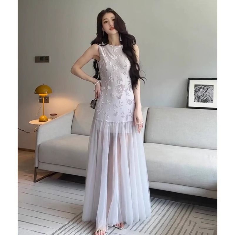 Shop French High-End สีม่วง Jacquard เสื้อแขนกุดชุดสไตล์วันหยุดเย็บเอวแคบ a-Line กระโปรงยาว 5.13 - รูปที่ 3