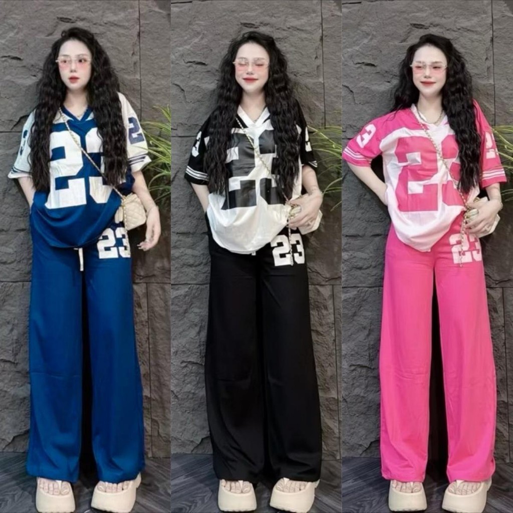 ชุดเซ็ต 2 ชิ้น พิมพ์ลายตัวเลข 23 กางเกงทรงกระบอก S300 เสื้อคอวี กางเกงมีกระเป๋าข้าง มีเชือกรูด ผ้านิ่มยืด