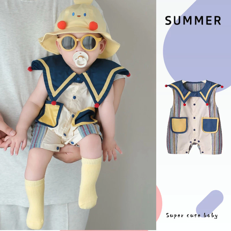 ฤดูร้อนใหม่เสื้อผ้าเด็กบางบอดี้สูทแขนกุด 0-24 เดือนเป็นมิตรกับผิวและสบายสี ประกบกัน ชุดรอมเปอร์ สไตล์เกาหลี
