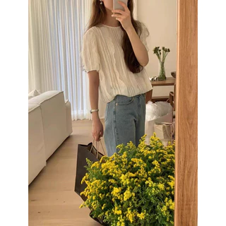 เสื้อเชิ้ตแขนสั้นจับจีบคอกลมสีพื้นอเนกประสงค์สําหรับฤดูร้อน เสื้อแฟชั่นผู้หญิง เดรส