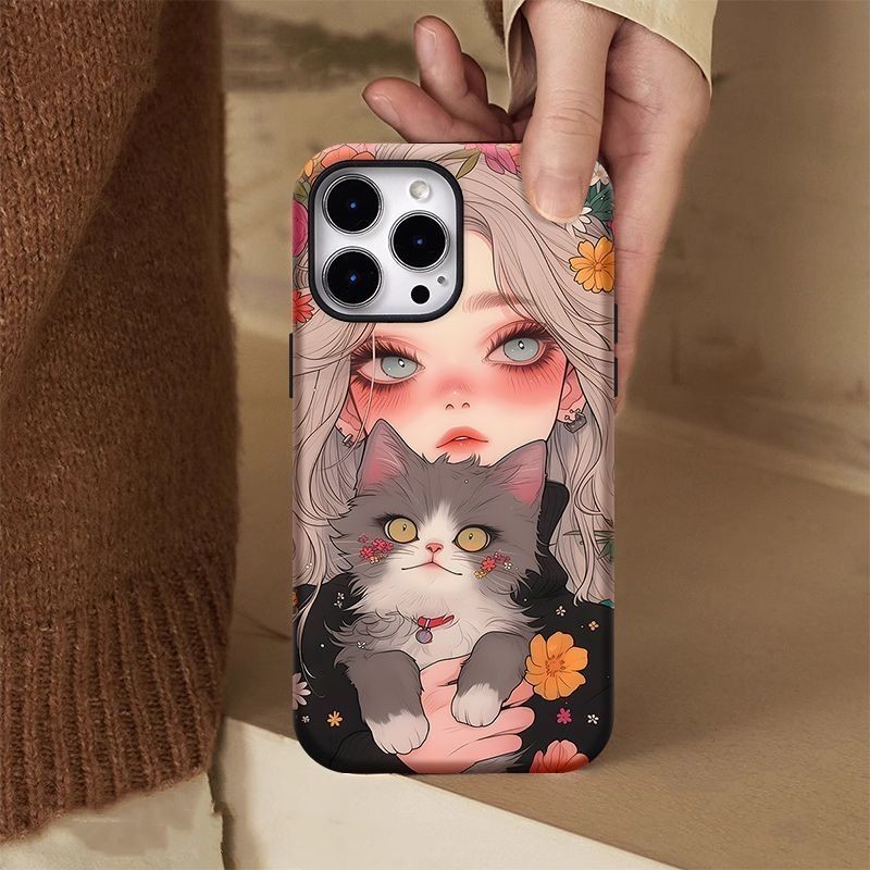 เคสโทรศัพท์สาวกอดแมว 2-in-1 เข้ากันได้กับ iPhone 15 Pro Max, Apple 16 14 Plus 11/12/13 Pro Max, เคสป้องกันกันกระแทกใหม่