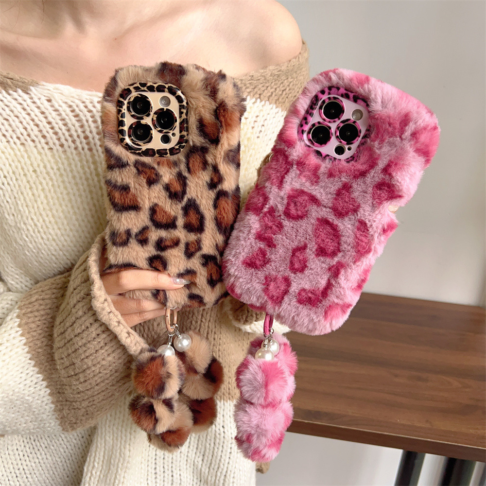 Soft Plush น่ารักเสือดาวพิมพ์เคสโทรศัพท์สําหรับ iPhone 14 15 16 13 Pro Max Fluffy Warm ฤดูหนาว Furry Fur Cover
