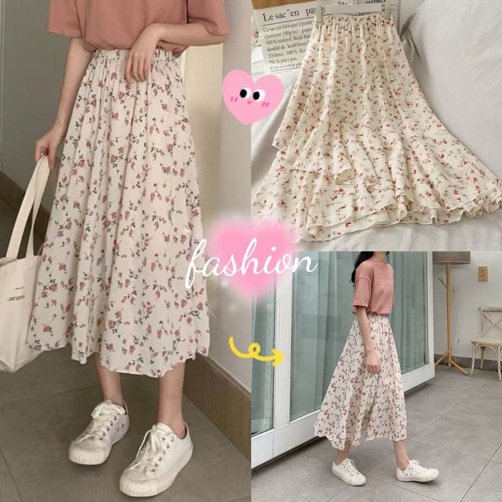 140 กระโปรงลายดอกไม้  SIZE S-2XL กระโปรงยาวปานกลางทรงเอเอวสูงดูผอมสไตล์เกาหลี สไตล์holiday  Delivery from Bangkok