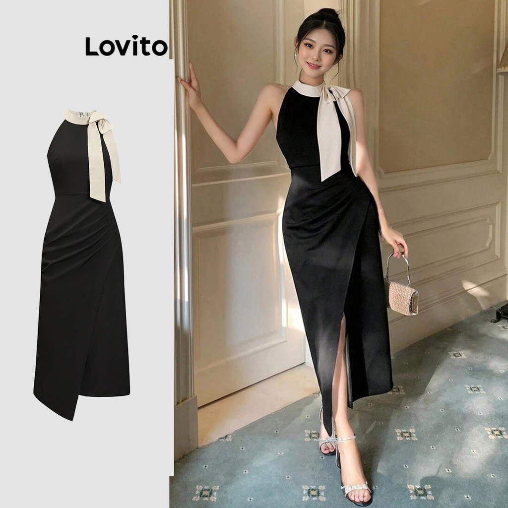Lovito เดรสผู้หญิง คัลเลอร์บล็อก สีพื้น สไตล์หรูหรา L91AD171