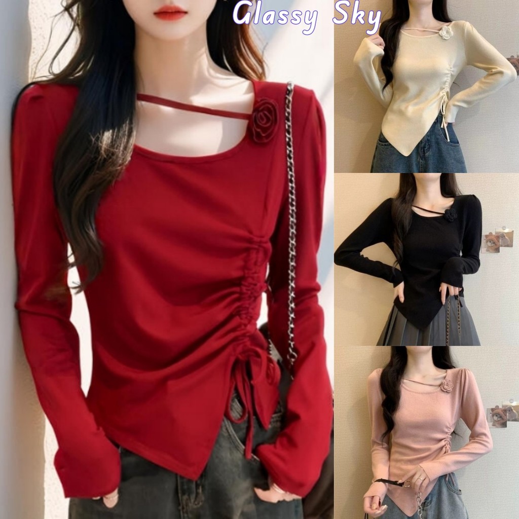 Glassy Sky พร้อมส่ง เสื้อไหมพรมแขนยาว ดีเทลแต่งสายคาด ติดดอกไม้น่ารัก 4สี เสื้อแขนยาว(Y-P37)