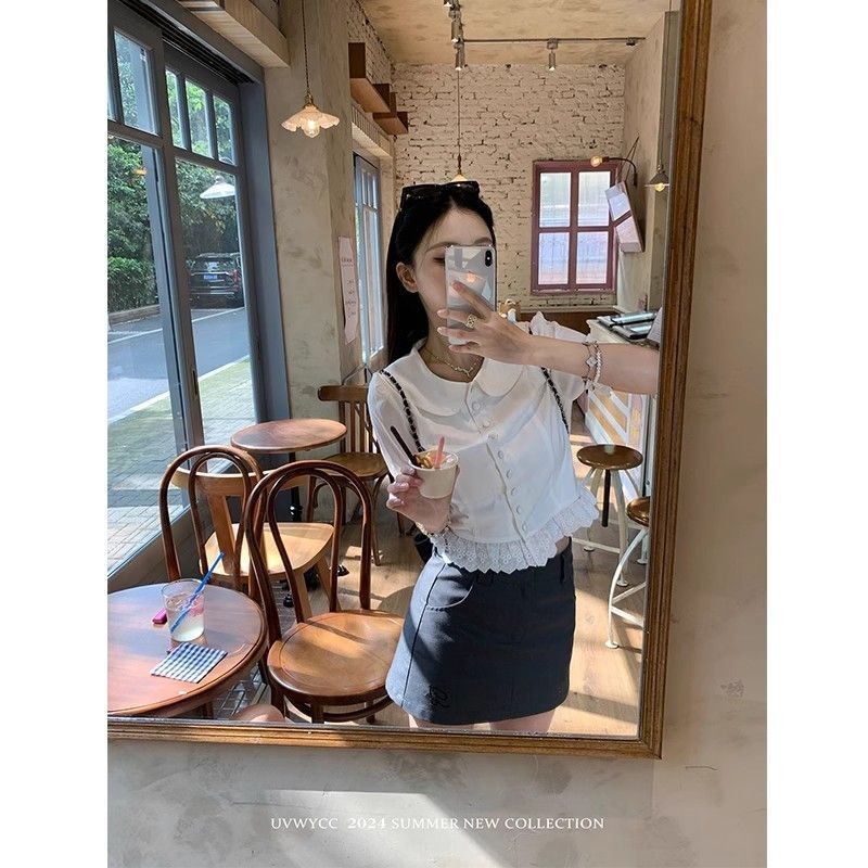 🎀Mona🎀สีทึบ ลูกไม้ แขนสั้น เสื้อเชิ้ต เวอร์ชั่นเกาหลี