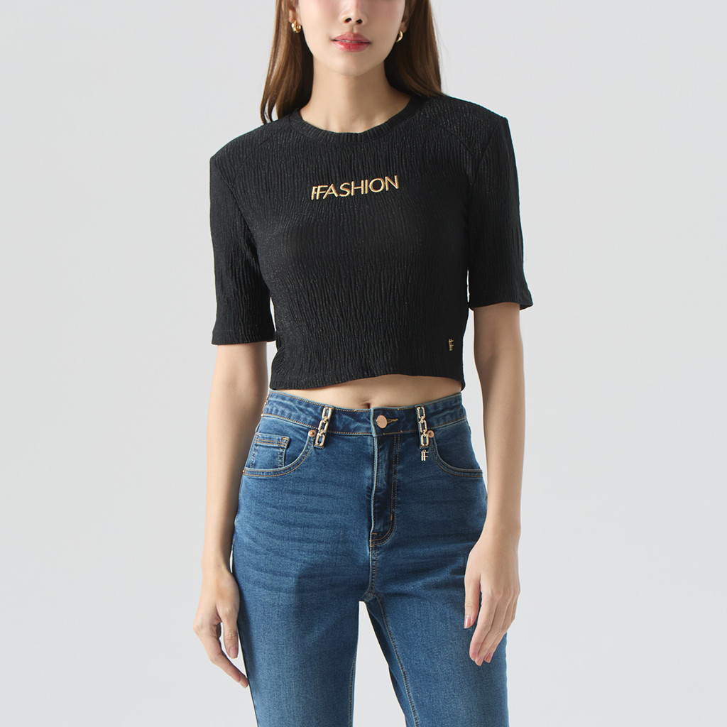 f.fashion เสื้อนิตทรงครอป ผู้หญิง สีดำ I Crop Knit Top I 06497