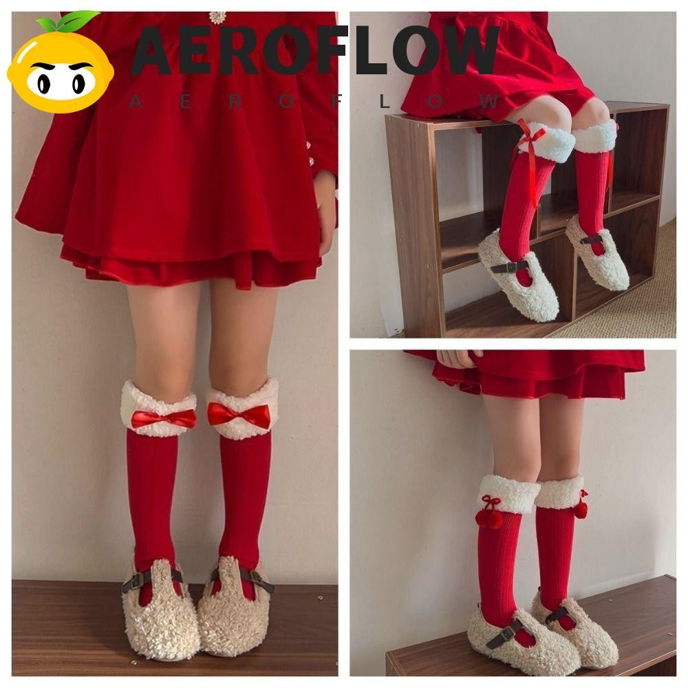 Aeroflow ปีใหม่ถุงเท้าสีแดง, หญิงร้านขายชุดชั้นในผ้าฝ้ายเด็กถุงเท้าสีแดง, Creative Bow Thicken ถุงเท้าชั้นกลางถุงเท้าหลอดสําหรับสาว