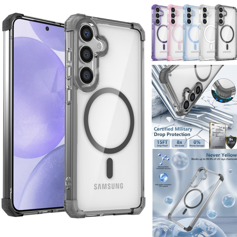 Magnetic Army Grade เคสใสปลอก Samsung Galaxy S26 S25 S24 S23 S22 S21 Ultra Plus S24 S23 FE ฝาครอบไร้สายชาร์จ Anti-สีเหลืองกันกระแทกกลับ Shell
