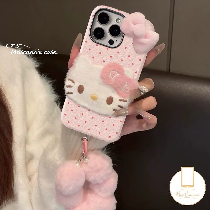 Retro น่ารัก Wave Point Dot สร้อยข้อมือตุ๊กตา DIY 3D ตุ๊กตา Kitty คู่สําหรับ IPhone 16 13 11 15 14 12 Pro Max XS XR X 14 16 15 Plus Max หนังหรูหรานุ่มกรณี
