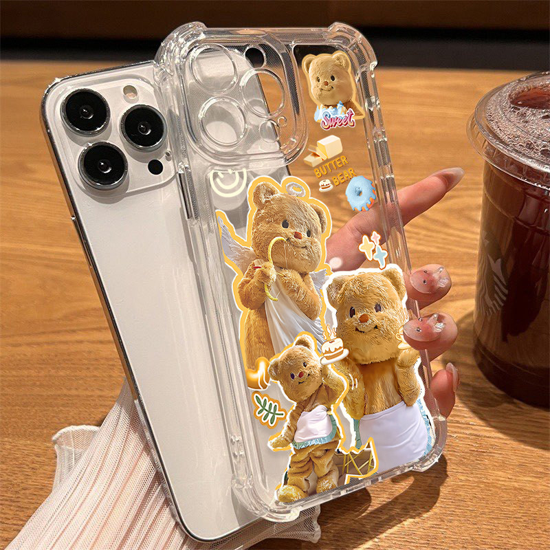 หมีเนยโชคดีนิ่มกันกระแทกเคสโทรศัพท์ for iphone 11 เคสไอโฟน 13 14 15 12 XR 7 8 6 Plus X XS 15 16 Pro MAX
